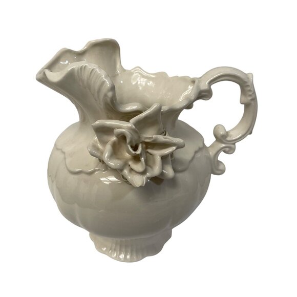 Vintage Ivory Ceramic Pitcher With Floral Accent Ornate Handle 8" x 8" Read - Picture 15 of 15